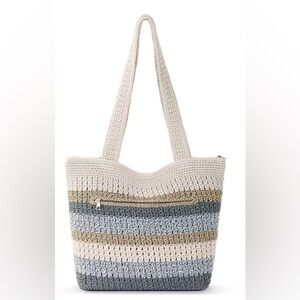 The Sak Crochet Stripe Shoulder Tote in Tans and Grays